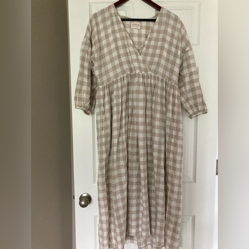 Offon Linen Vneck Puff Sleeve Dress
